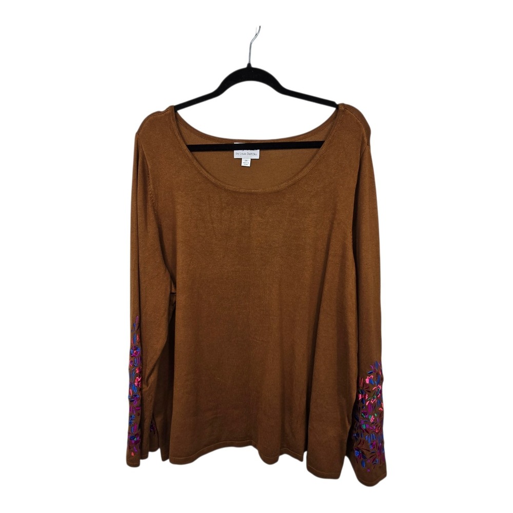 Whisper Knit Louis Dell'Olio Sweater Womens 2X Embroidery Sleeve Caramel‎ Brown
